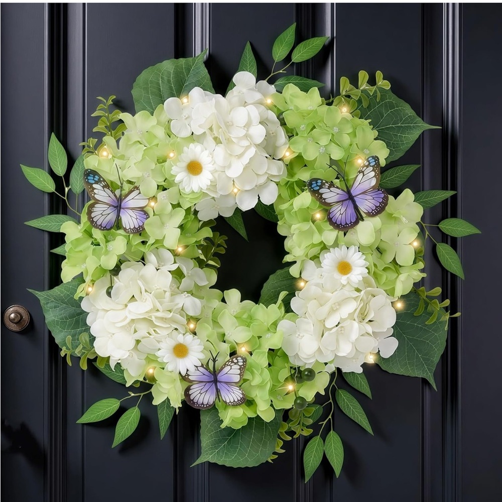 Green and White Floral Holiday Wreath with Butterflies